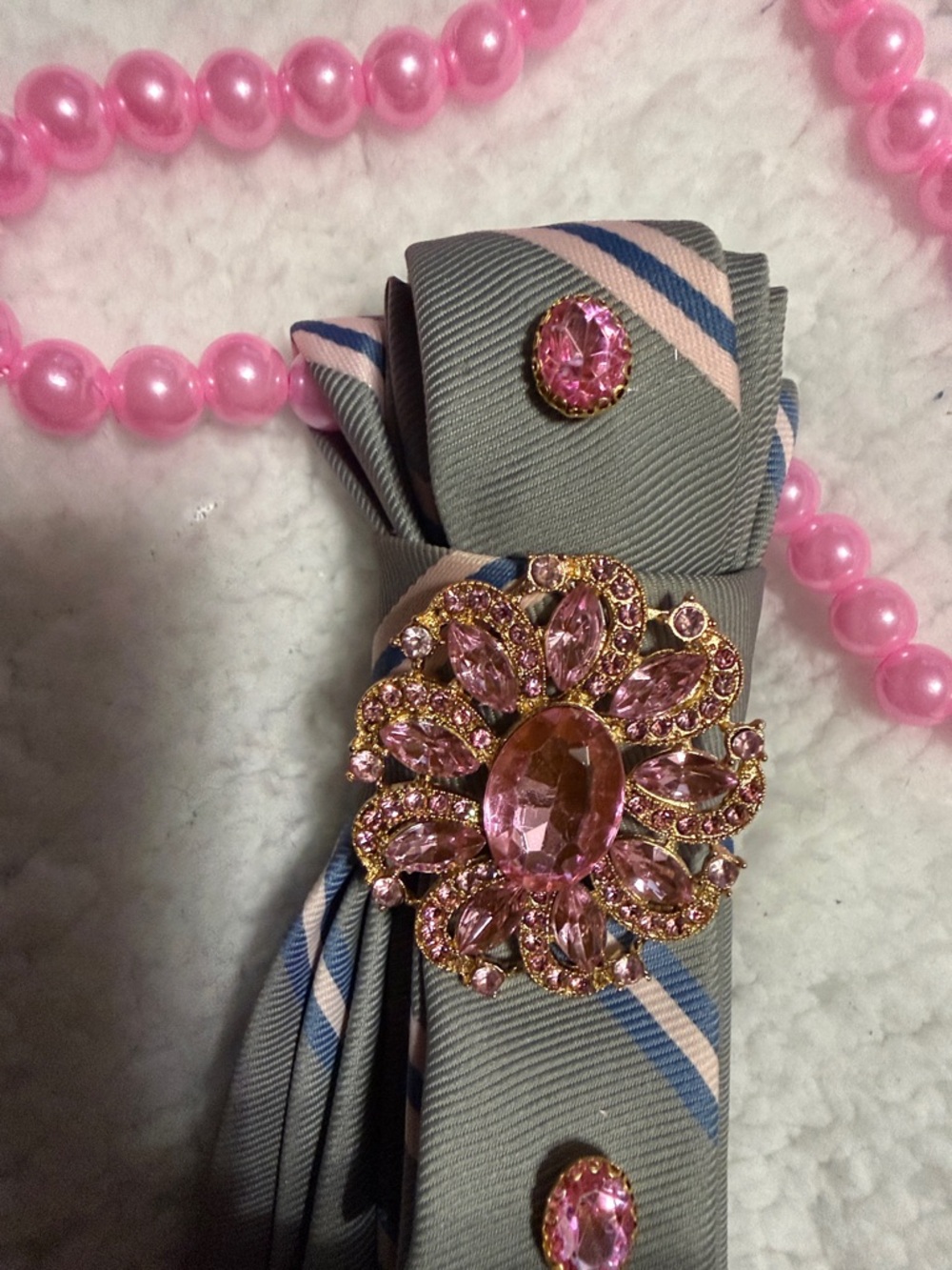 Pink Gem & Gray Ribbon Necklace Brooch Accessory - Picture 2 of 4